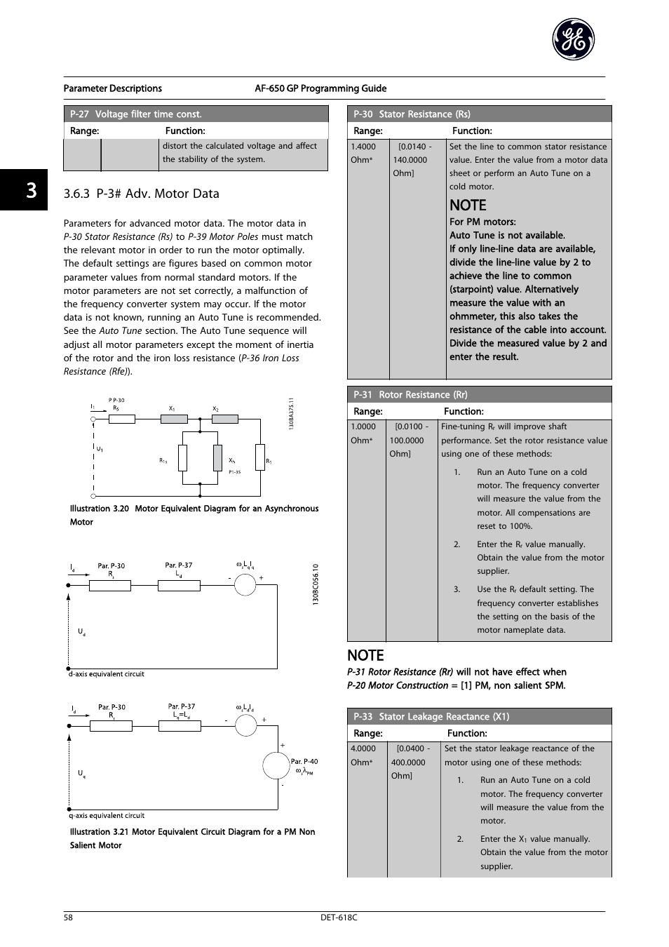 30 stator resistance, P-30 stator resistance (rs), Rotor resistance (rr) | 3 p-3# adv. motor data | GE Industrial Solutions AF-650 GP General Purpose Drive Programming Guide User Manual | Page 59 / 175