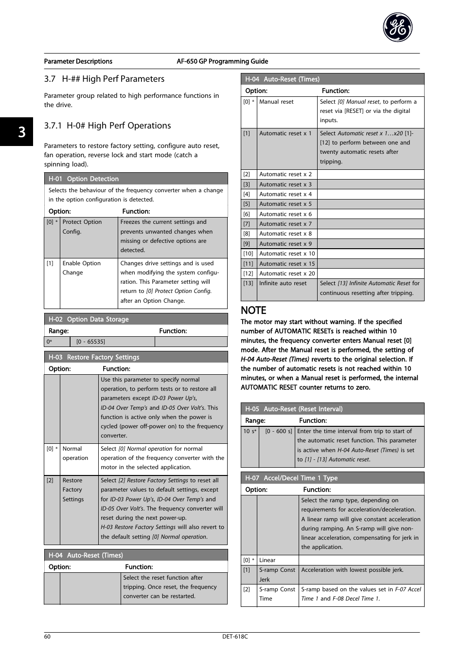 7 h-## high perf parameters, H-03 restore factory settings, Restore factory settings | 1 h-0# high perf operations | GE Industrial Solutions AF-650 GP General Purpose Drive Programming Guide User Manual | Page 61 / 175