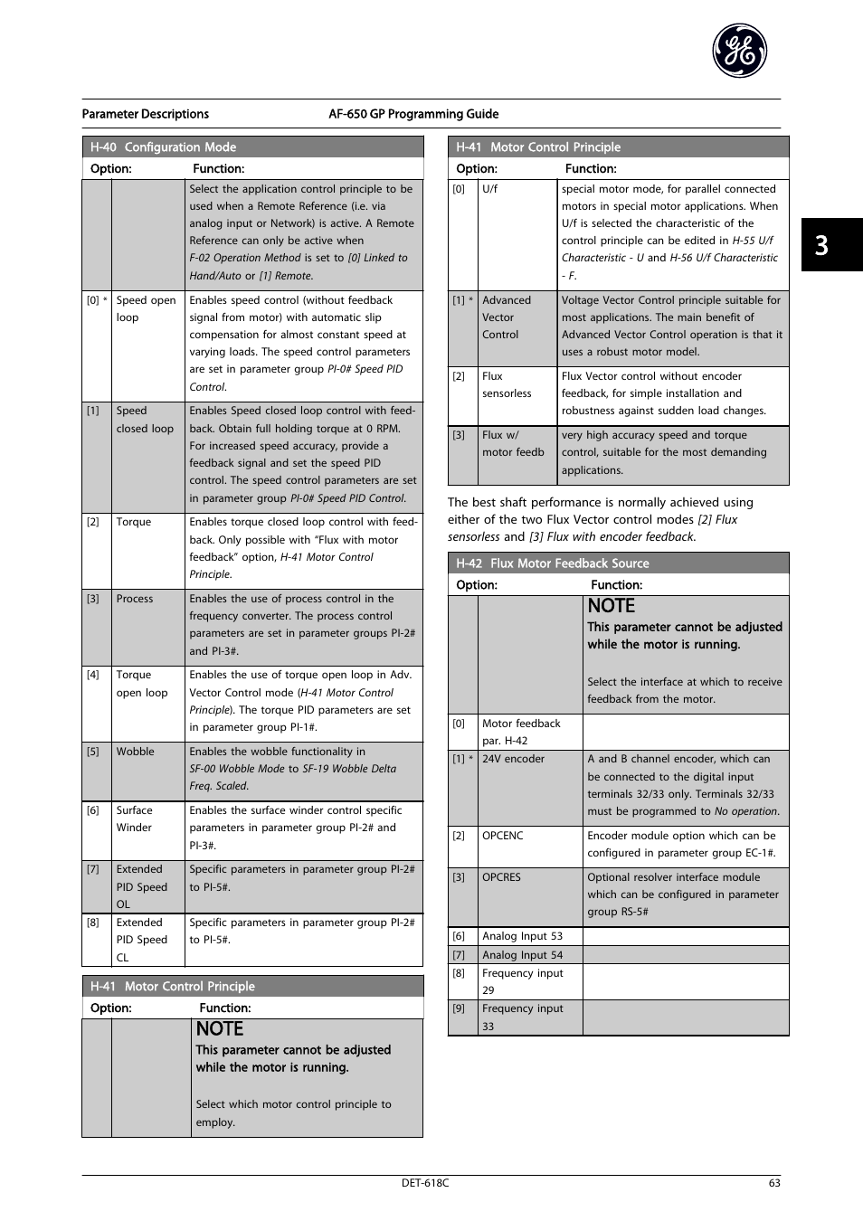 H-40 configuration mode, H-41 motor control principle, H-40 configu- ration mode | 40 configuration, Mode, H-40 configuration, Mode : f, 0 configu, Ration mode, Motor control principle | GE Industrial Solutions AF-650 GP General Purpose Drive Programming Guide User Manual | Page 64 / 175