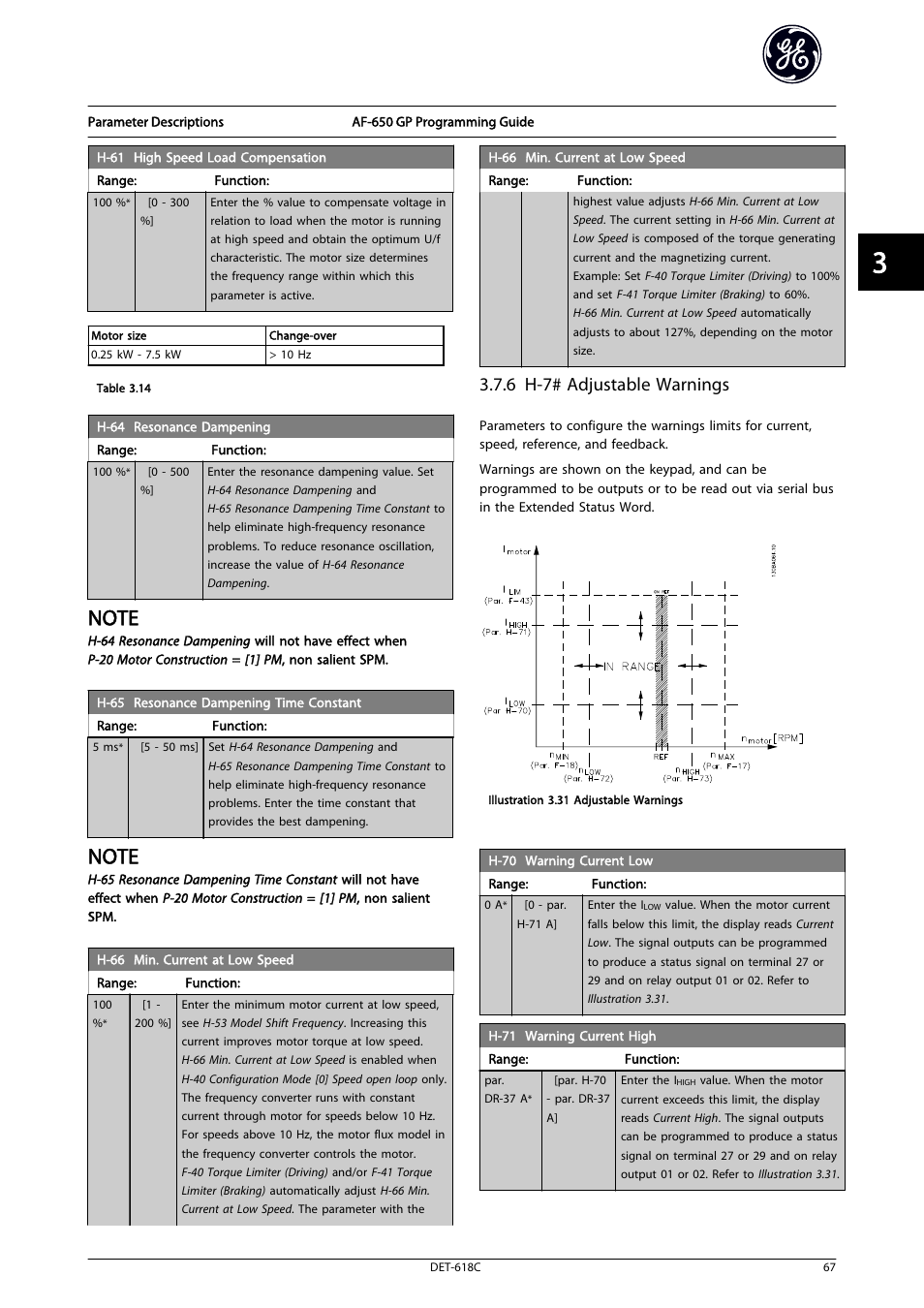 Min. current at low speed is, H-70 warning current low, H-71 warning current high | H-70 warning, Current low, H-71 warning current, High, 6 h-7# adjustable warnings | GE Industrial Solutions AF-650 GP General Purpose Drive Programming Guide User Manual | Page 68 / 175