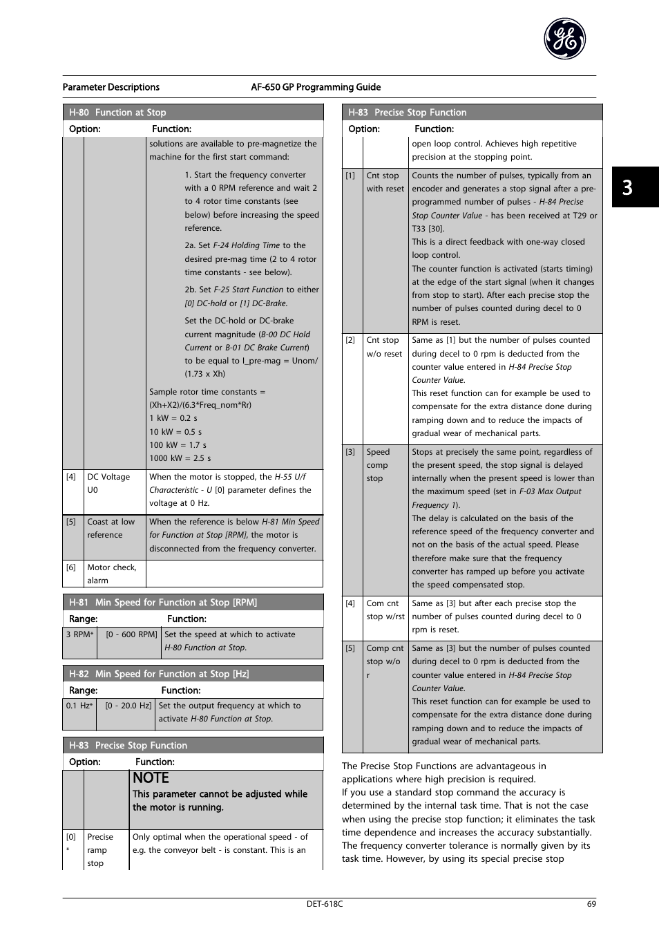 H-83 precise stop function, 83 precise stop, Function | 81 min speed for function at stop, H-81 min speed, For function at stop [rpm | GE Industrial Solutions AF-650 GP General Purpose Drive Programming Guide User Manual | Page 70 / 175