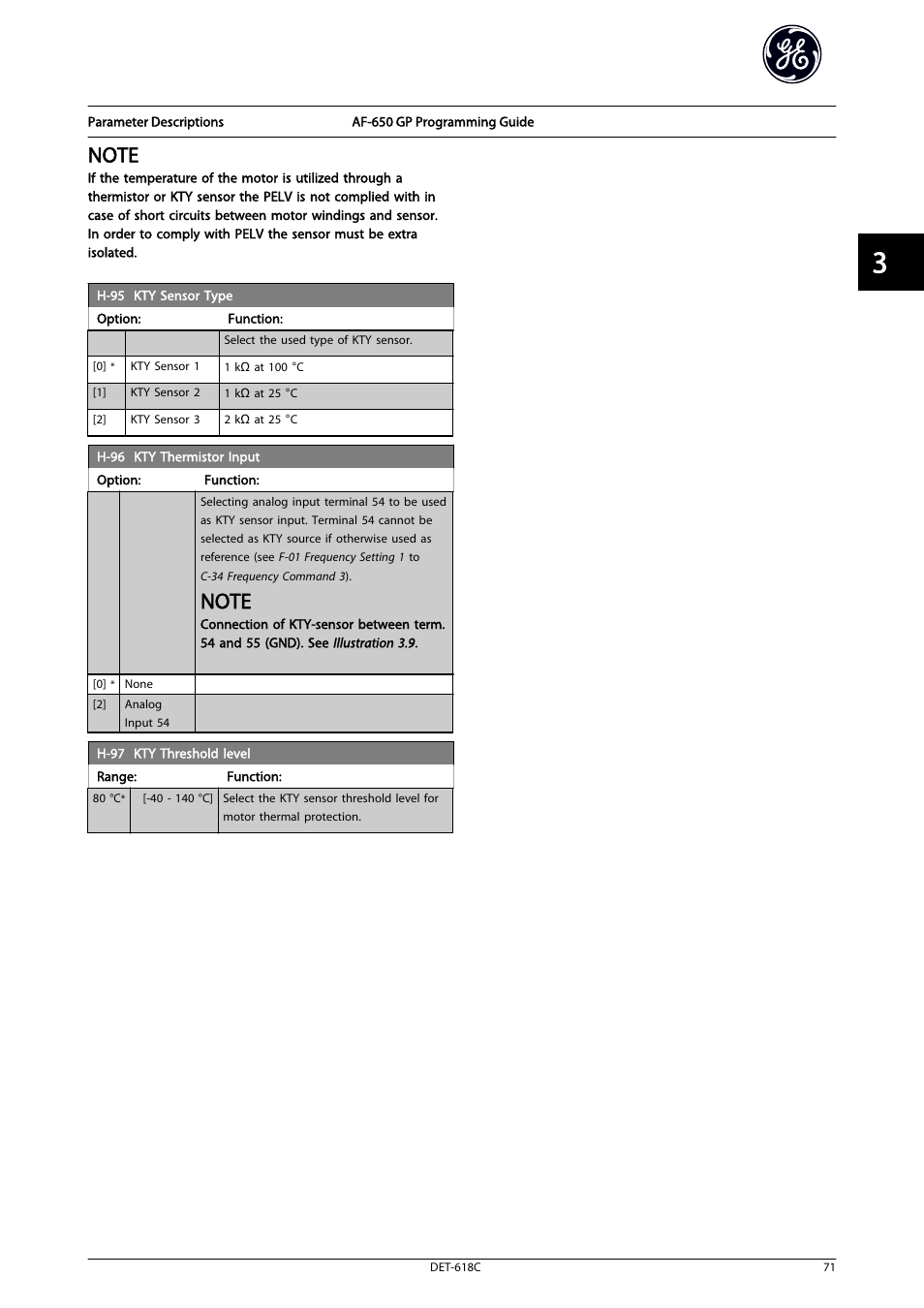 6 kty thermistor input, Kty threshold level ), H-95 kty sensor type | GE Industrial Solutions AF-650 GP General Purpose Drive Programming Guide User Manual | Page 72 / 175