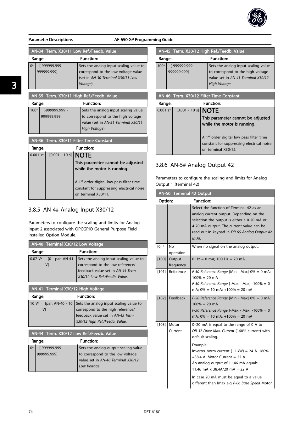 Term, X30/11 low ref./feedb. value, An-35 term | X30/11 high ref./feedb. value ), 6 an-5# analog output 42 | GE Industrial Solutions AF-650 GP General Purpose Drive Programming Guide User Manual | Page 75 / 175