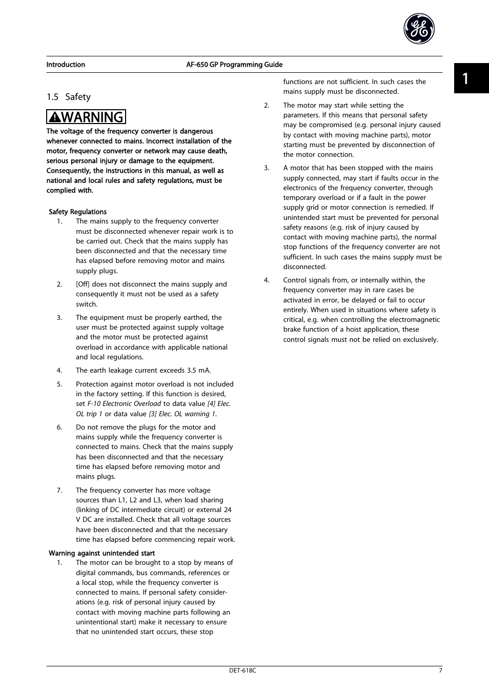5 safety, Warning | GE Industrial Solutions AF-650 GP General Purpose Drive Programming Guide User Manual | Page 8 / 175