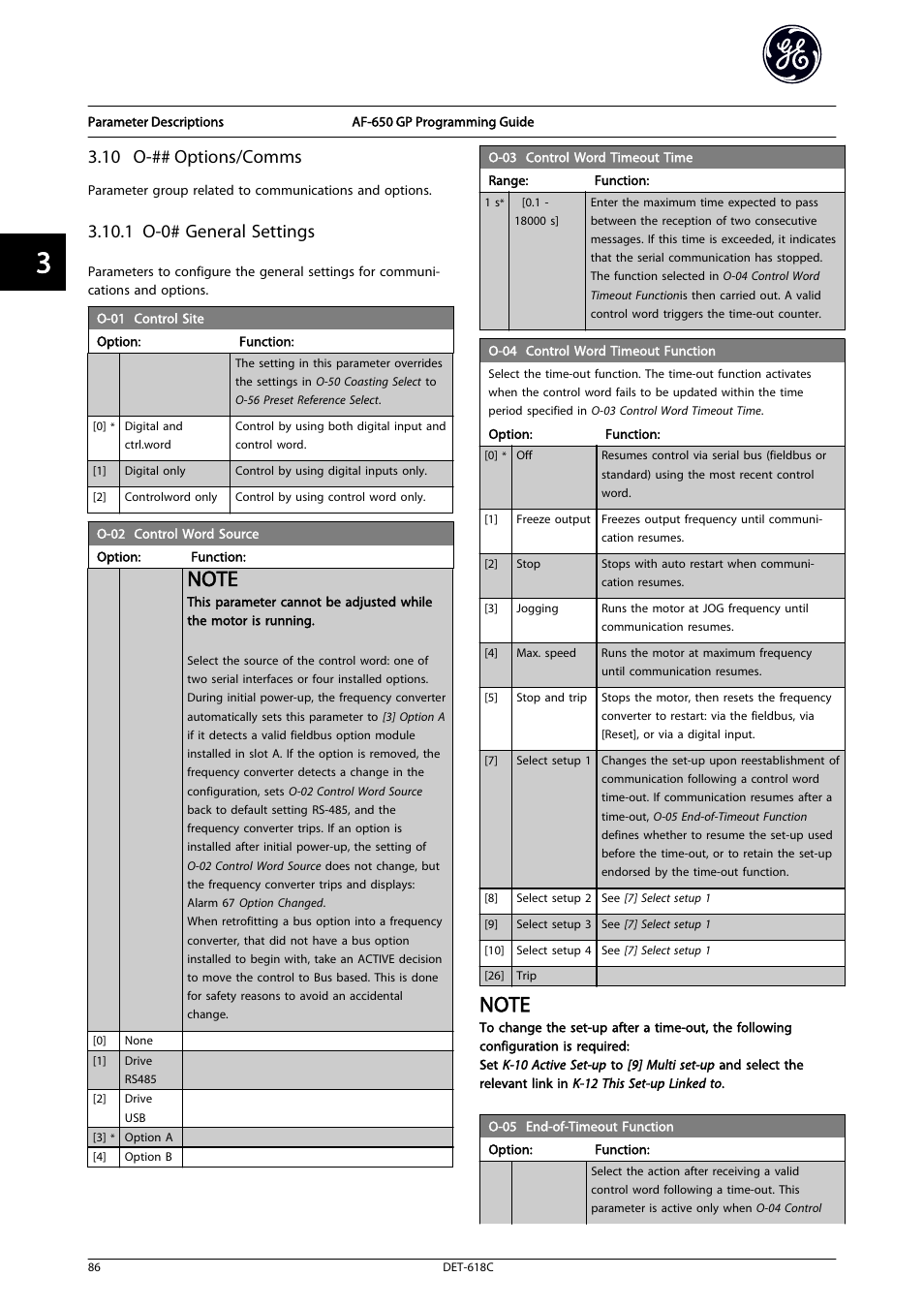 10 o-## options/comms, 4 control word timeout function, 1 o-0# general settings | GE Industrial Solutions AF-650 GP General Purpose Drive Programming Guide User Manual | Page 87 / 175