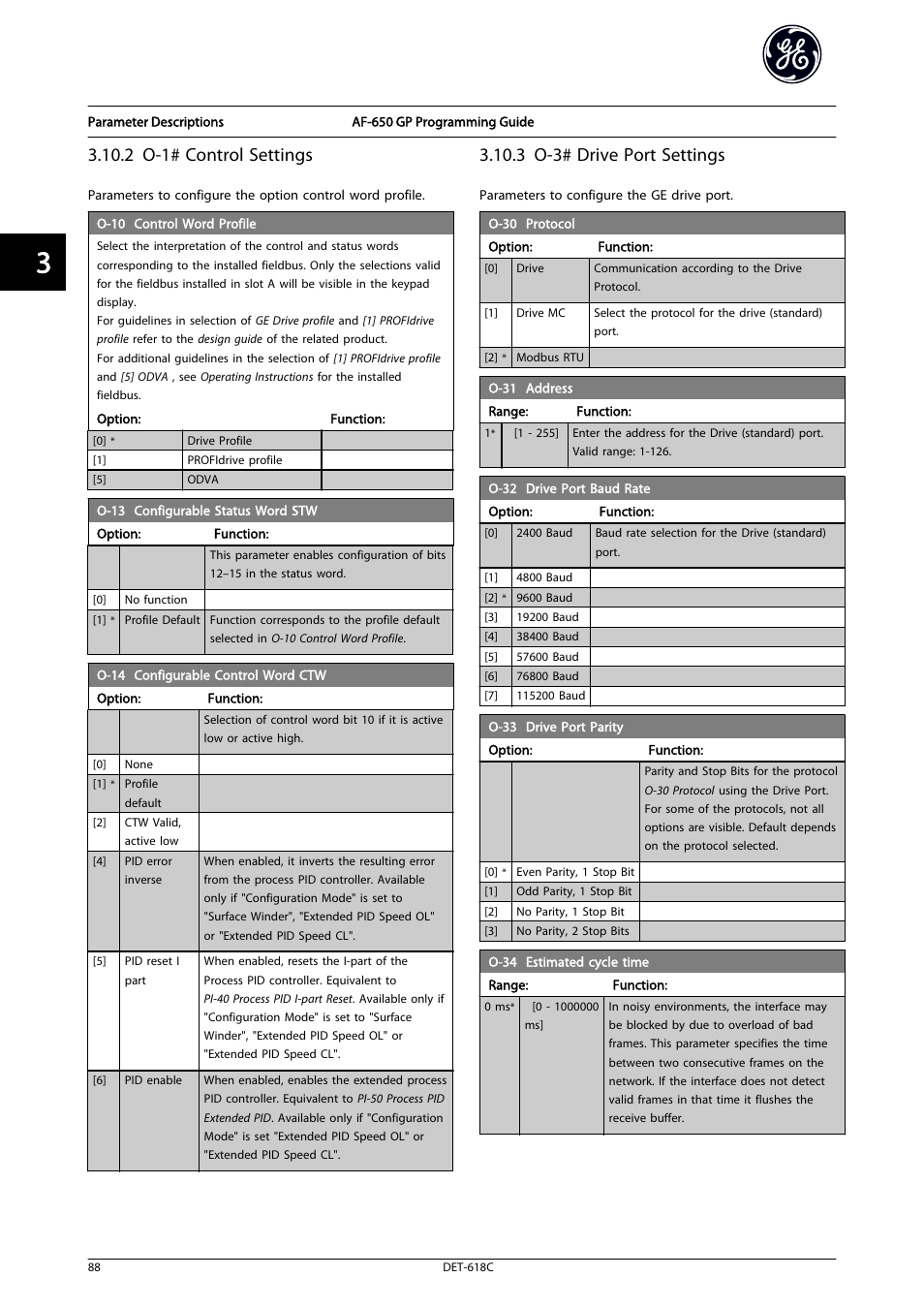 30 protocol, Address, 32 drive port baud rate | 2 o-1# control settings, 3 o-3# drive port settings | GE Industrial Solutions AF-650 GP General Purpose Drive Programming Guide User Manual | Page 89 / 175