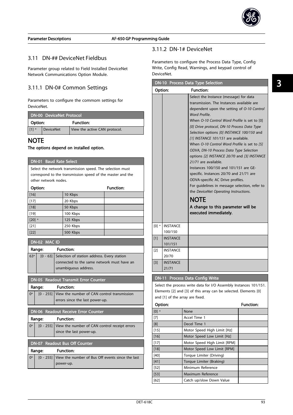 11 dn-## devicenet fieldbus, 1 dn-0# common settings, 2 dn-1# devicenet | GE Industrial Solutions AF-650 GP General Purpose Drive Programming Guide User Manual | Page 94 / 175
