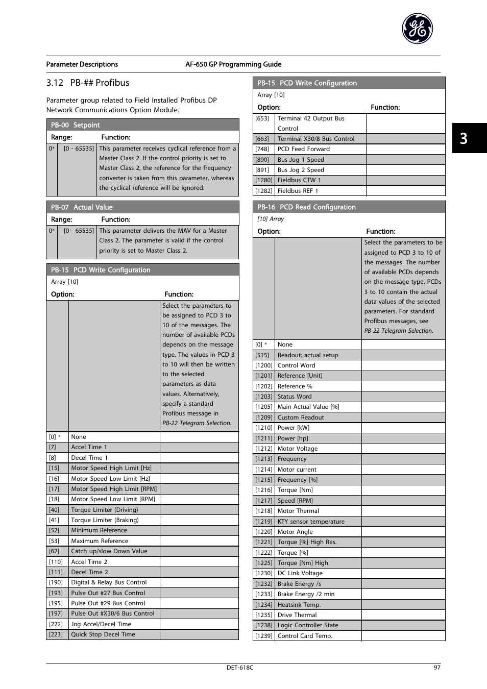 12 pb-## profibus | GE Industrial Solutions AF-650 GP General Purpose Drive Programming Guide User Manual | Page 98 / 175