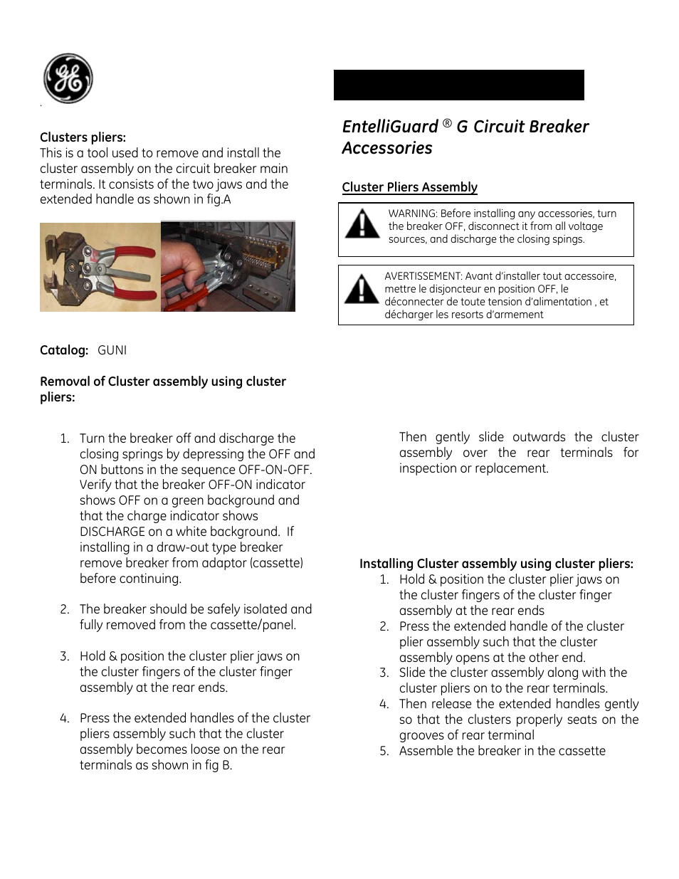 GE Industrial Solutions EntelliGuard G Cluster Pliers User Manual | 2 pages