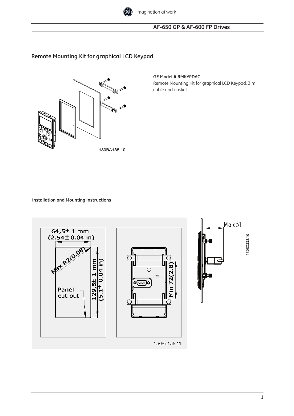 GE Industrial Solutions AF-600 FP Remote Mounting Kit for graphical LCD Keypad User Manual | 2 pages