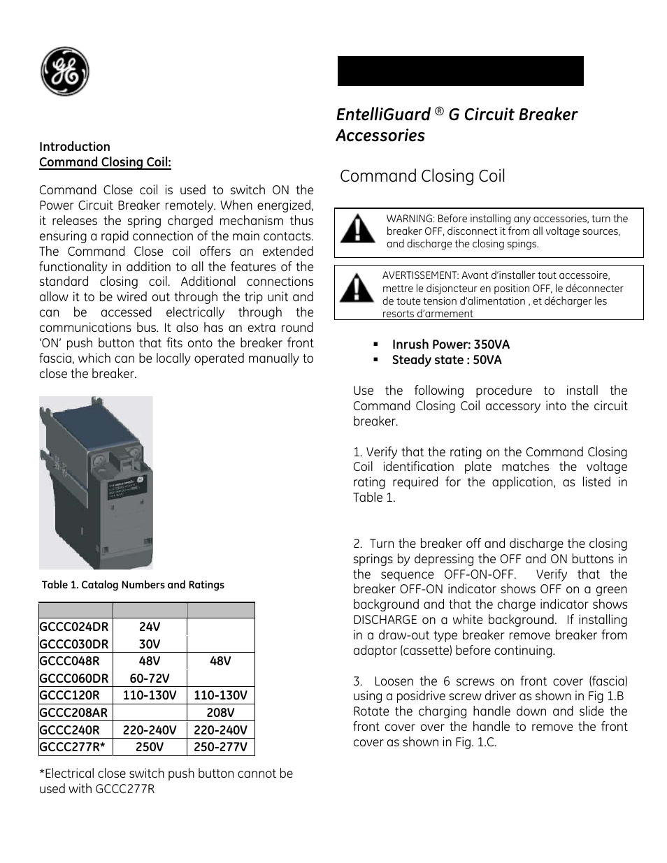 GE Industrial Solutions EntelliGuard G Command Closing Coil User Manual | 5 pages
