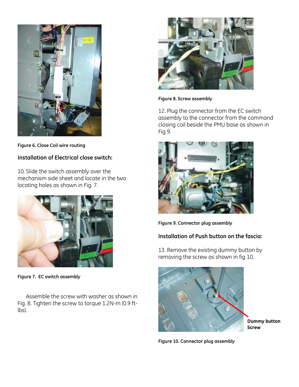 Figure 6. close coil wire routing, Figure 8. screw assembly, Figure 9. connector plug assembly | Figure 10. connector plug assembly | GE Industrial Solutions EntelliGuard G Command Closing Coil User Manual | Page 3 / 5