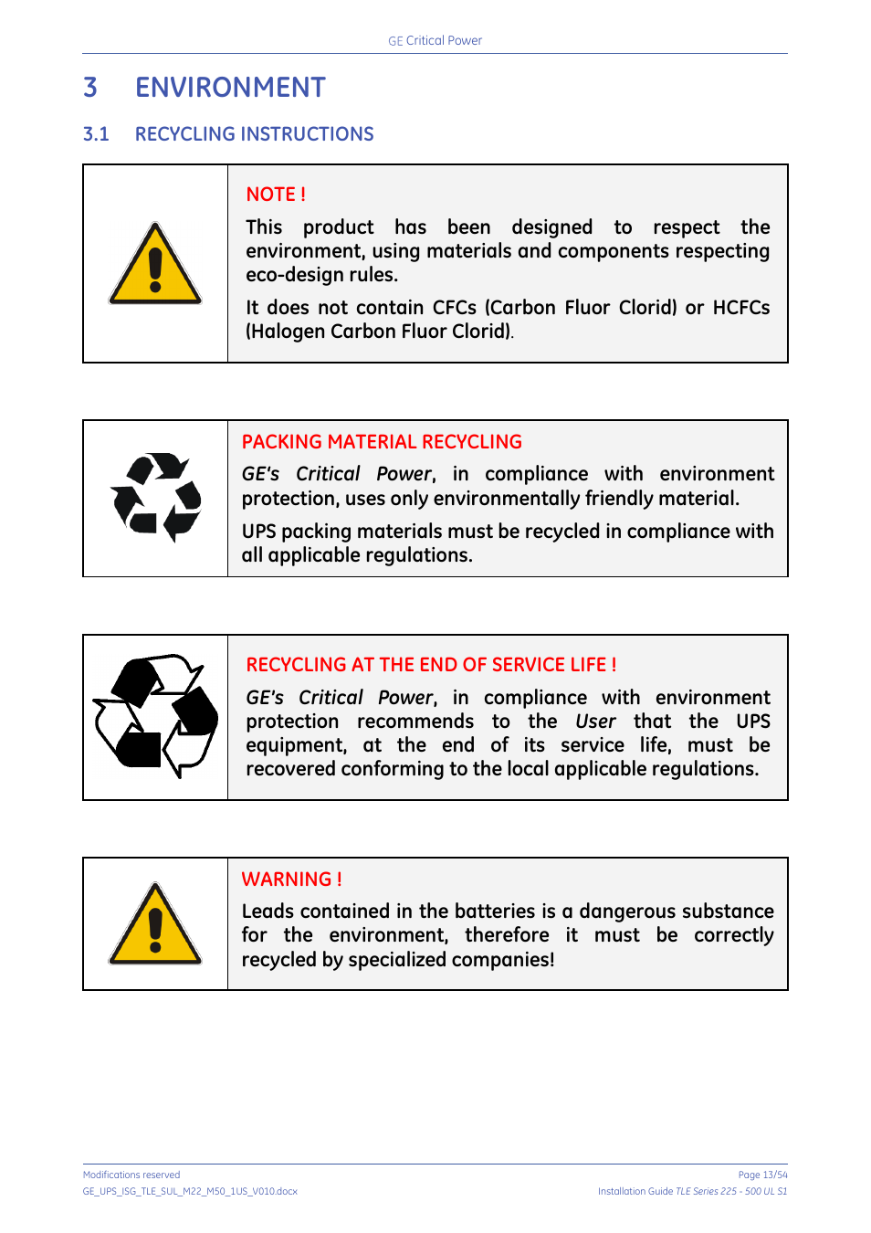 3 environment, 1 recycling instructions, Environment | Recycling instructions | GE Industrial Solutions TLE Series 225-500 Installation Guide User Manual | Page 13 / 54