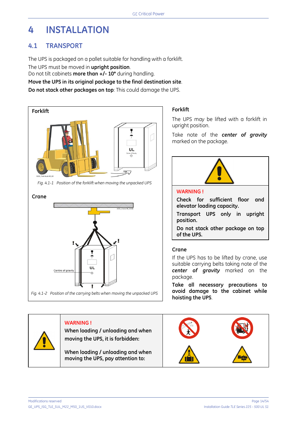 4 installation, 1 transport, Installation | Transport | GE Industrial Solutions TLE Series 225-500 Installation Guide User Manual | Page 14 / 54