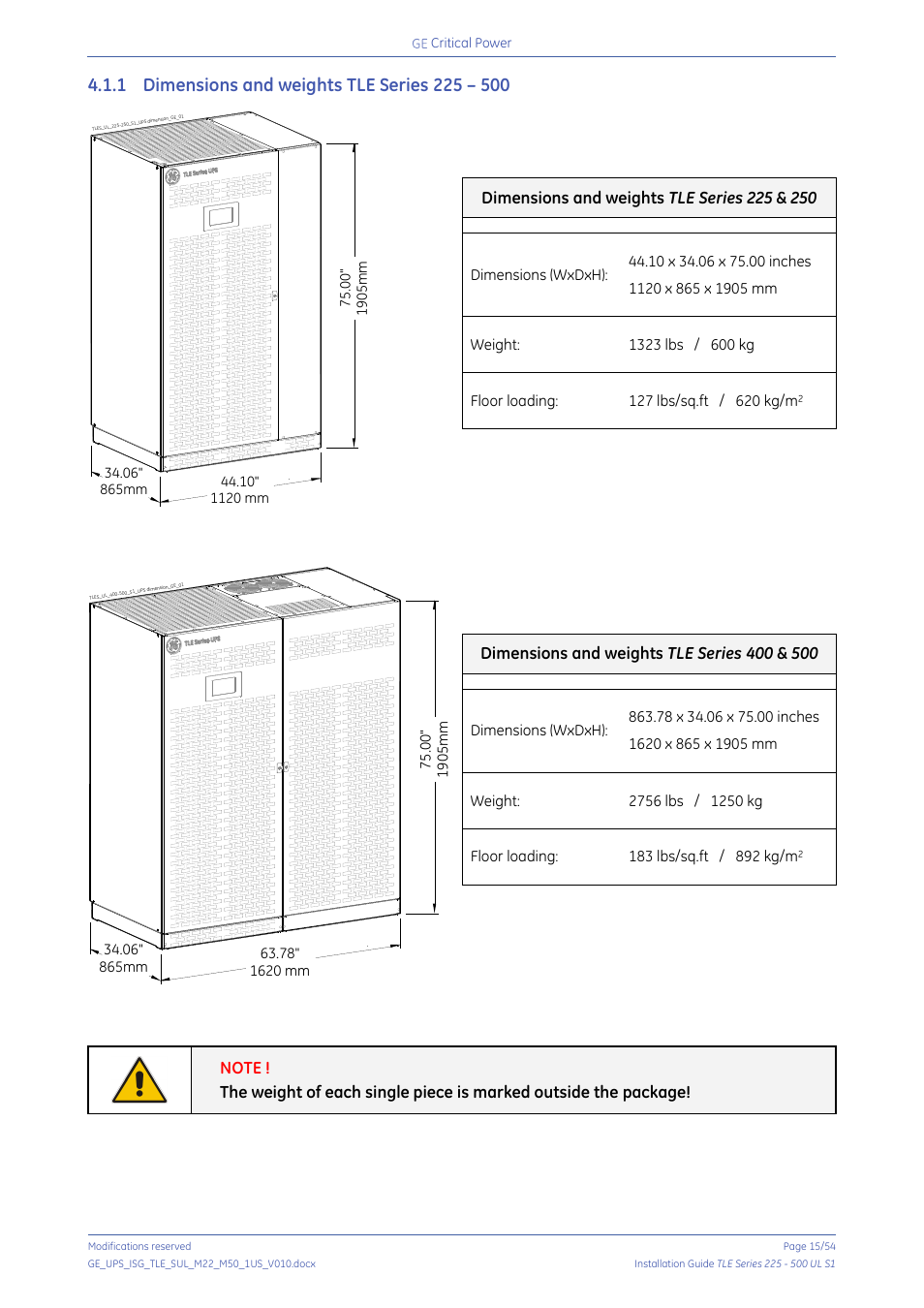 1 dimensions and weights tle series 225 – 500, Dimensions and weights tle series 225 – 500 | GE Industrial Solutions TLE Series 225-500 Installation Guide User Manual | Page 15 / 54