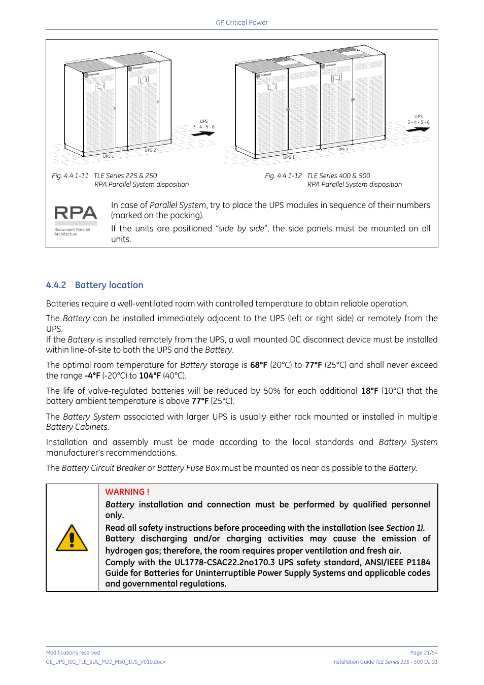 2 battery location, Battery location | GE Industrial Solutions TLE Series 225-500 Installation Guide User Manual | Page 21 / 54