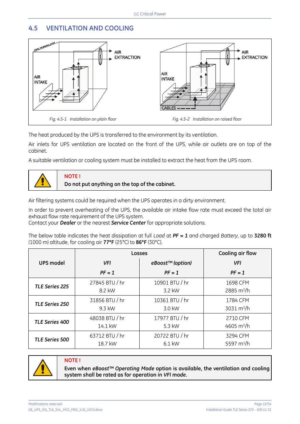 5 ventilation and cooling, Ventilation and cooling | GE Industrial Solutions TLE Series 225-500 Installation Guide User Manual | Page 22 / 54