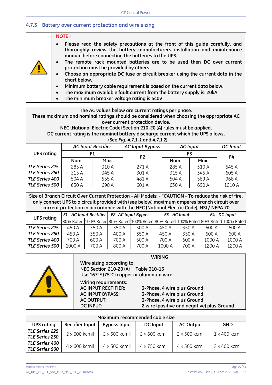 3 battery over current protection and wire sizing, Battery over current protection and wire sizing | GE Industrial Solutions TLE Series 225-500 Installation Guide User Manual | Page 27 / 54
