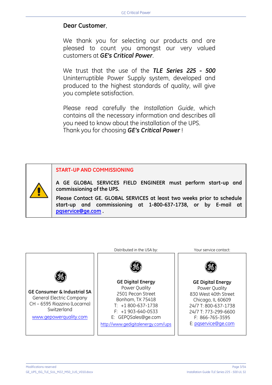GE Industrial Solutions TLE Series 225-500 Installation Guide User Manual | Page 3 / 54