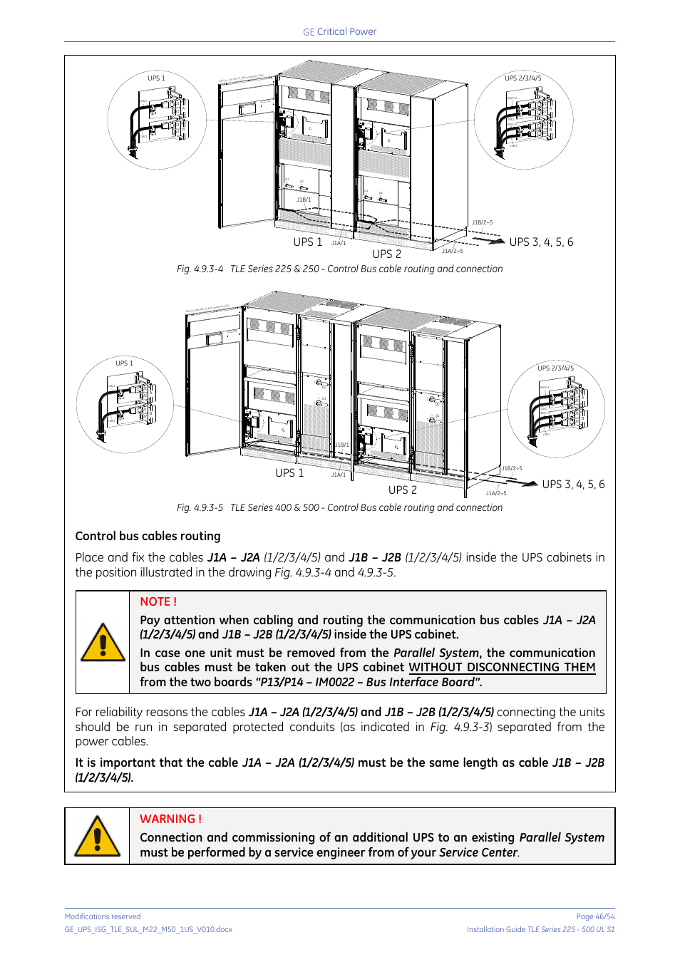 Control bus cables routing, Ups 1, Ups 3, 4, 5, 6 | Ups 2, Critical power, I on 0 o ff, I on 0 o ff 1 2 e po e po, Ep o ep o | GE Industrial Solutions TLE Series 225-500 Installation Guide User Manual | Page 46 / 54
