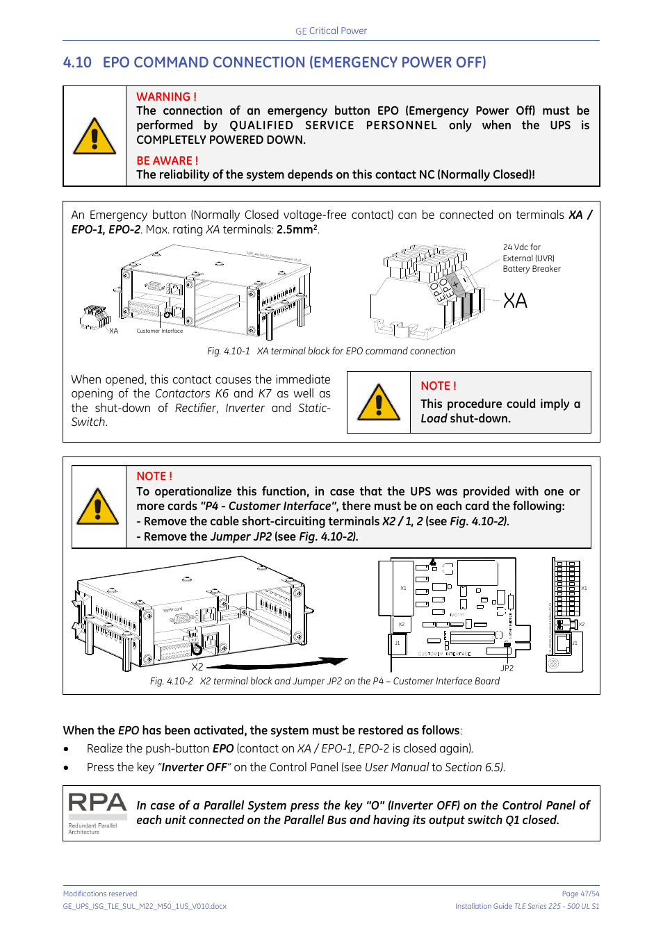 10 epo command connection (emergency power off), Epo command connection (emergency power off), Ep o ep o | Critical power, 24 vdc for external (uvr) battery breaker | GE Industrial Solutions TLE Series 225-500 Installation Guide User Manual | Page 47 / 54