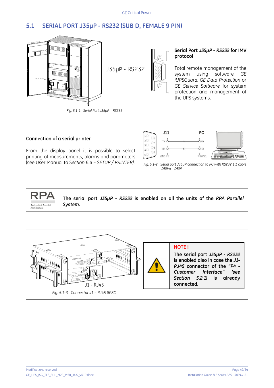 1 serial port j35µp - rs232 (sub d, female 9 pin), Serial port j35µp - rs232 (sub d, female 9 pin), Rs232 | J1 - rj45 | GE Industrial Solutions TLE Series 225-500 Installation Guide User Manual | Page 49 / 54