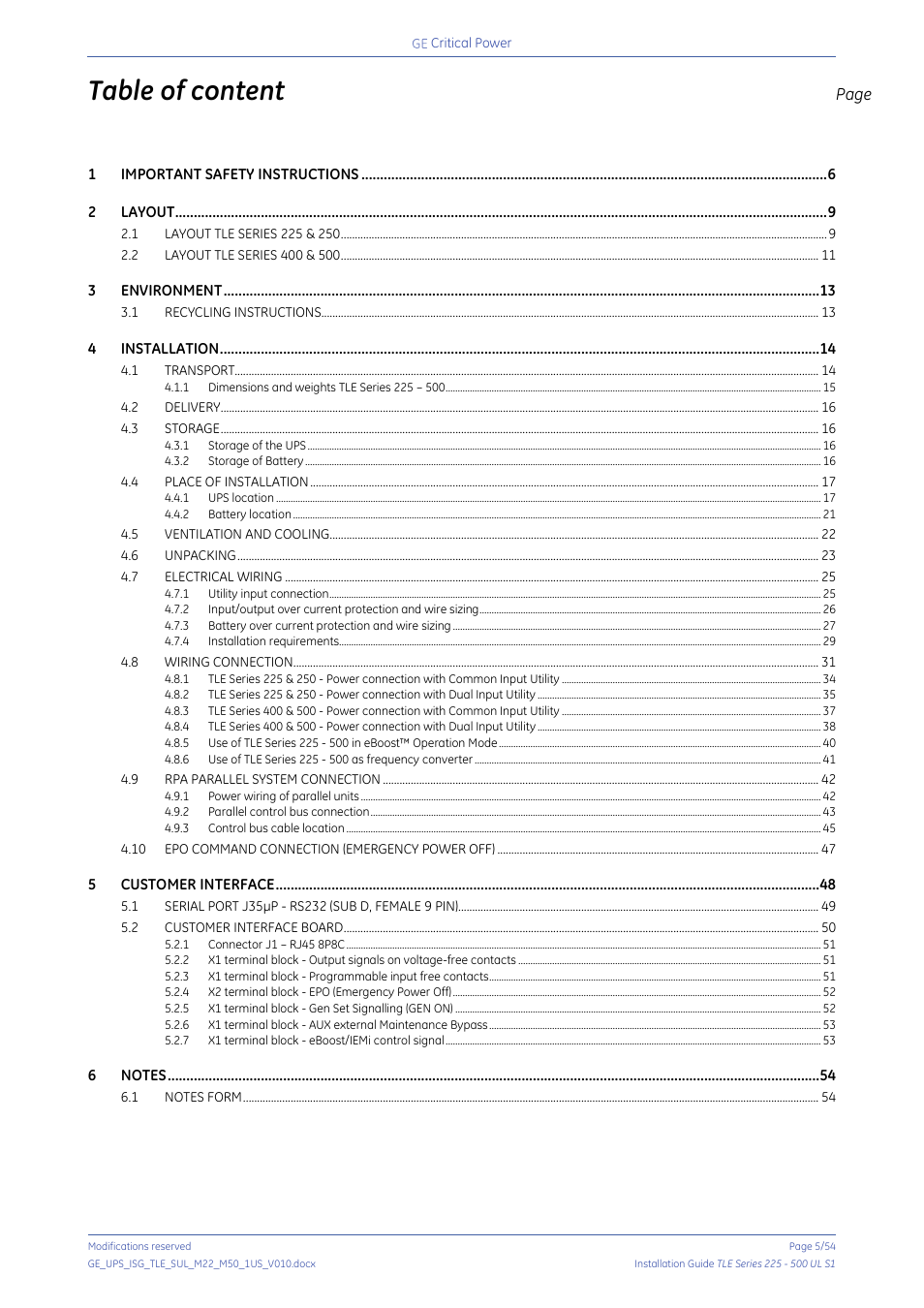 Table of content | GE Industrial Solutions TLE Series 225-500 Installation Guide User Manual | Page 5 / 54