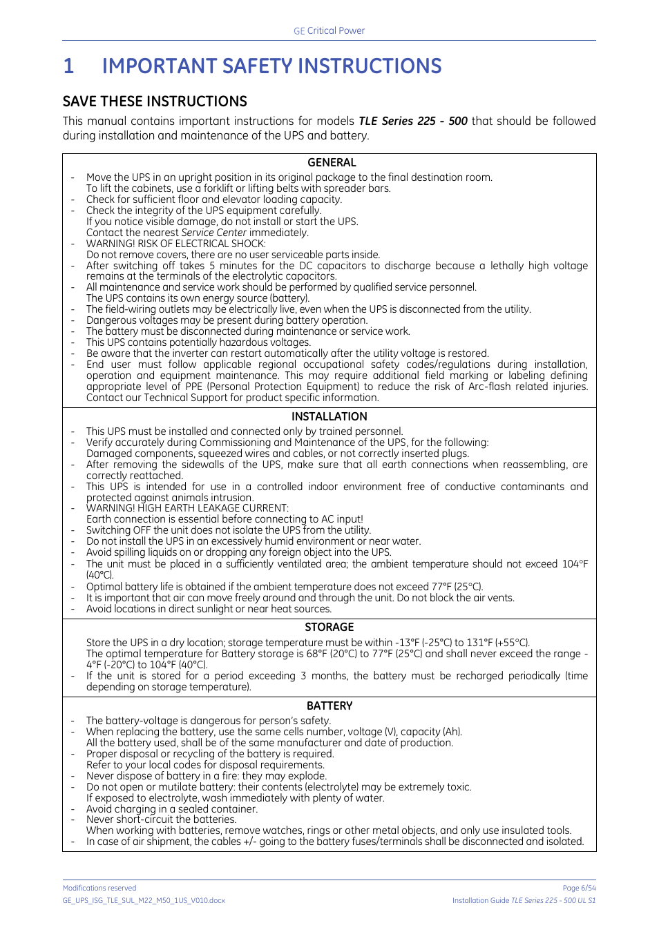 1 important safety instructions, Important safety instructions, Save these instructions | General, Installation, Storage, Battery | GE Industrial Solutions TLE Series 225-500 Installation Guide User Manual | Page 6 / 54