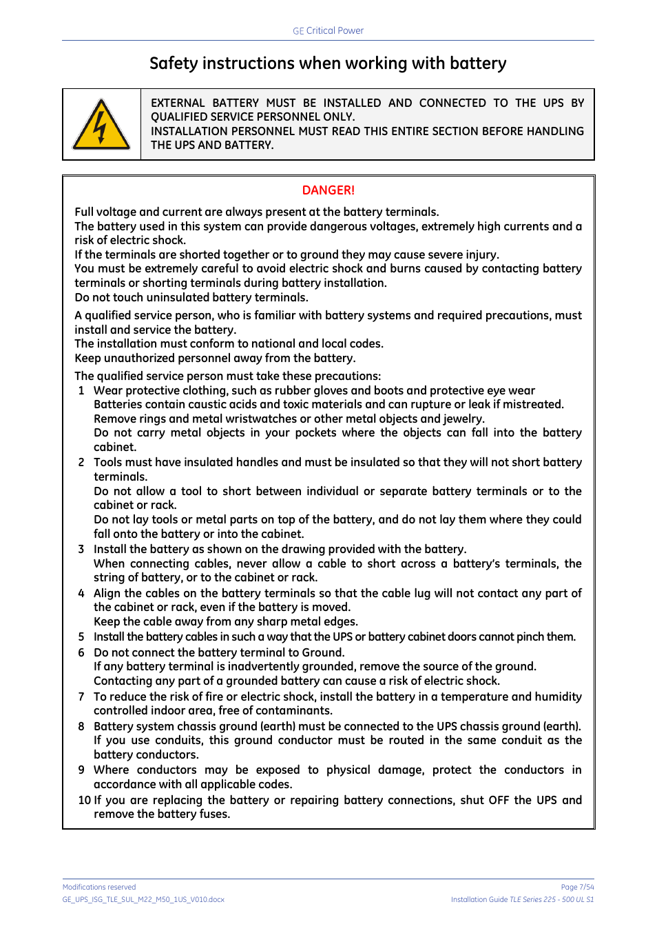 Safety instructions when working with battery, Danger | GE Industrial Solutions TLE Series 225-500 Installation Guide User Manual | Page 7 / 54