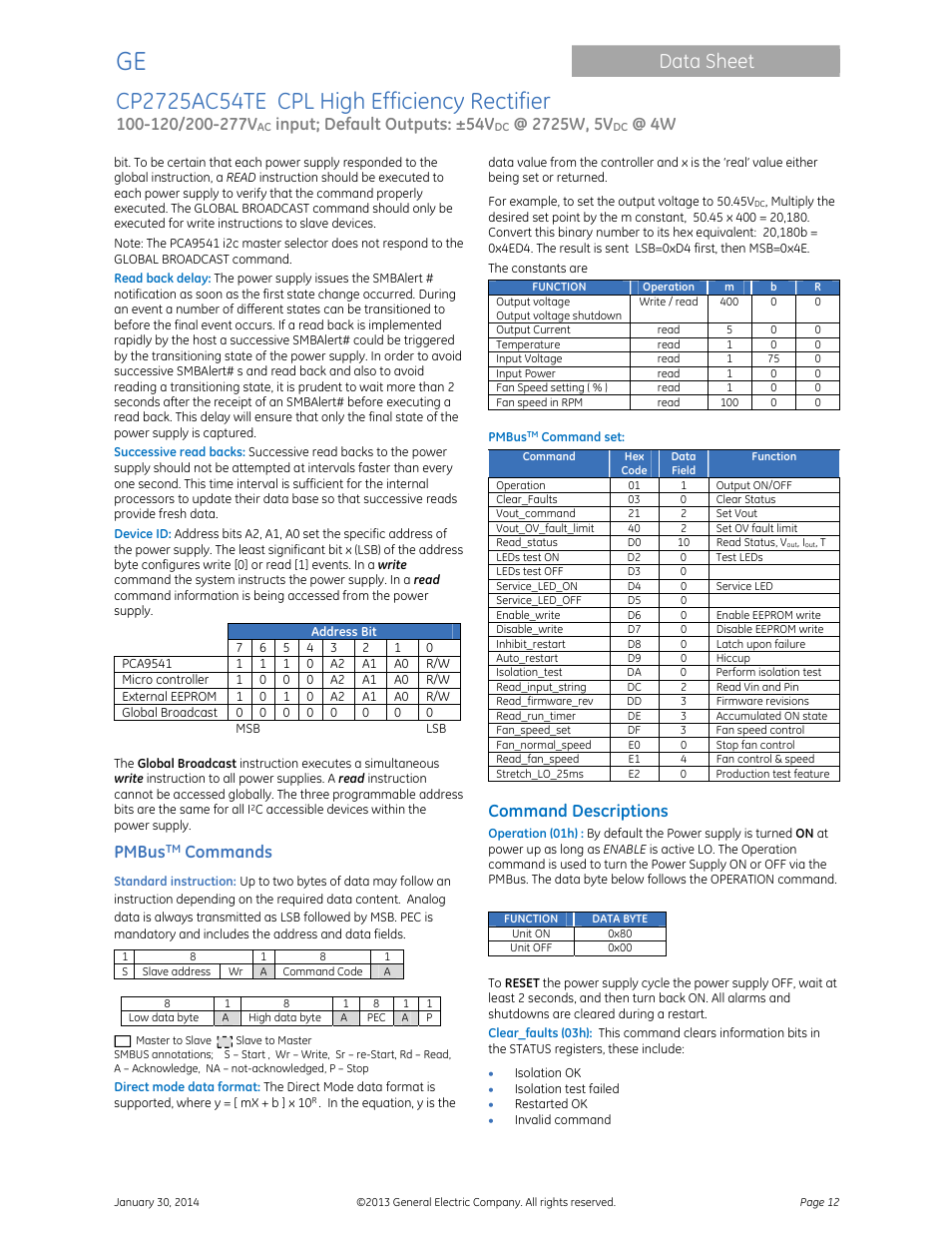 Data sheet, Input; default outputs: ±54v, Pmbus | Commands, Command descriptions | GE Industrial Solutions CP2725AC54TE User Manual | Page 12 / 20