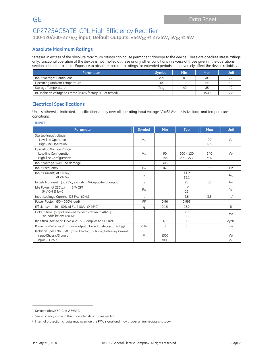 Data sheet, Input; default outputs: ±54v, Absolute maximum ratings | Electrical specifications | GE Industrial Solutions CP2725AC54TE User Manual | Page 2 / 20