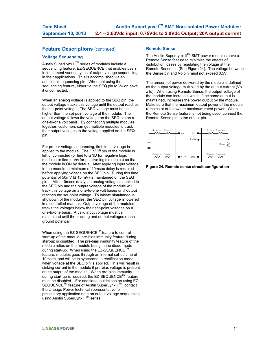 Feature descriptions, Austin superlynx ii, Continued) voltage sequencing | Remote sense | GE Industrial Solutions ATM020A0X3-SR User Manual | Page 14 / 21