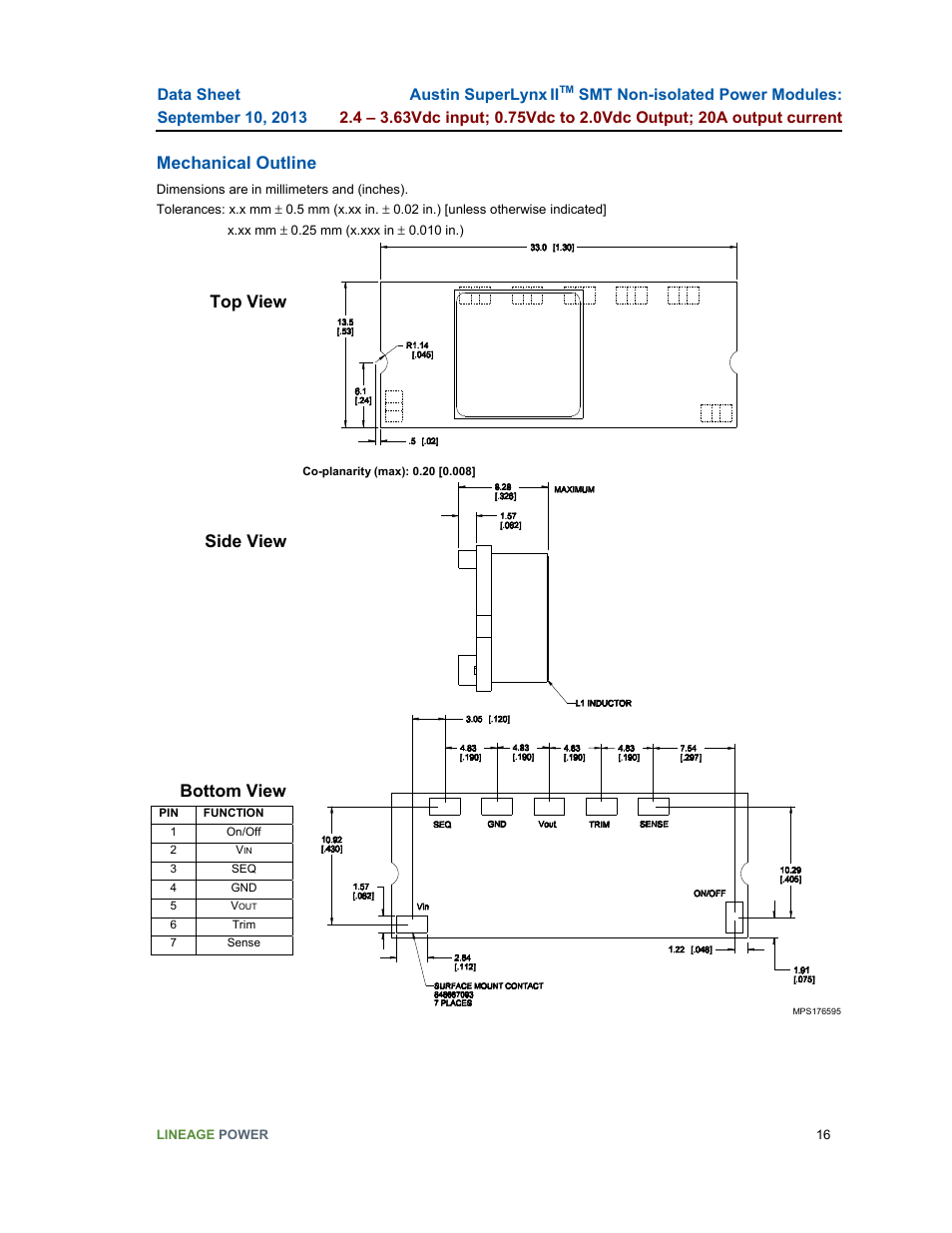 Mechanical outline, Top view, Side view bottom view | GE Industrial Solutions ATM020A0X3-SR User Manual | Page 16 / 21