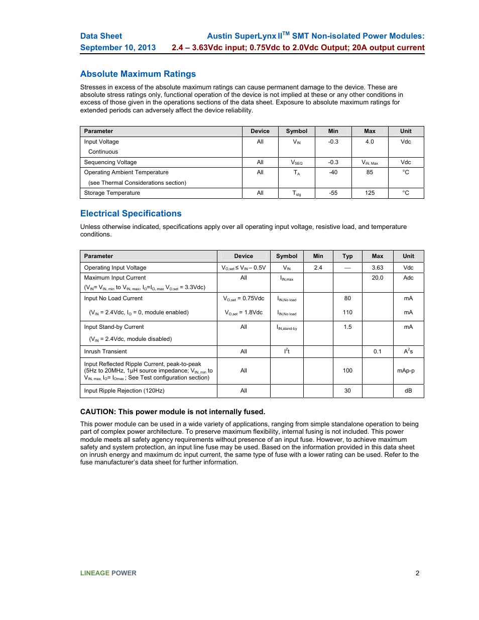Absolute maximum ratings, Electrical specifications, Austin superlynx ii | GE Industrial Solutions ATM020A0X3-SR User Manual | Page 2 / 21
