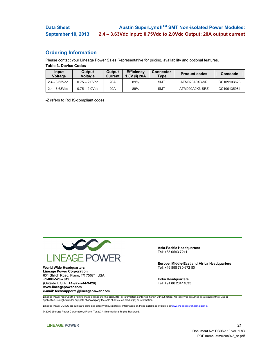 Ordering information, Austin superlynx ii | GE Industrial Solutions ATM020A0X3-SR User Manual | Page 21 / 21