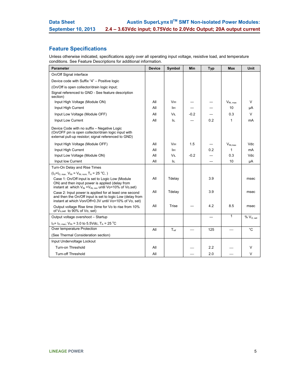 Feature specifications, Austin superlynx ii | GE Industrial Solutions ATM020A0X3-SR User Manual | Page 5 / 21