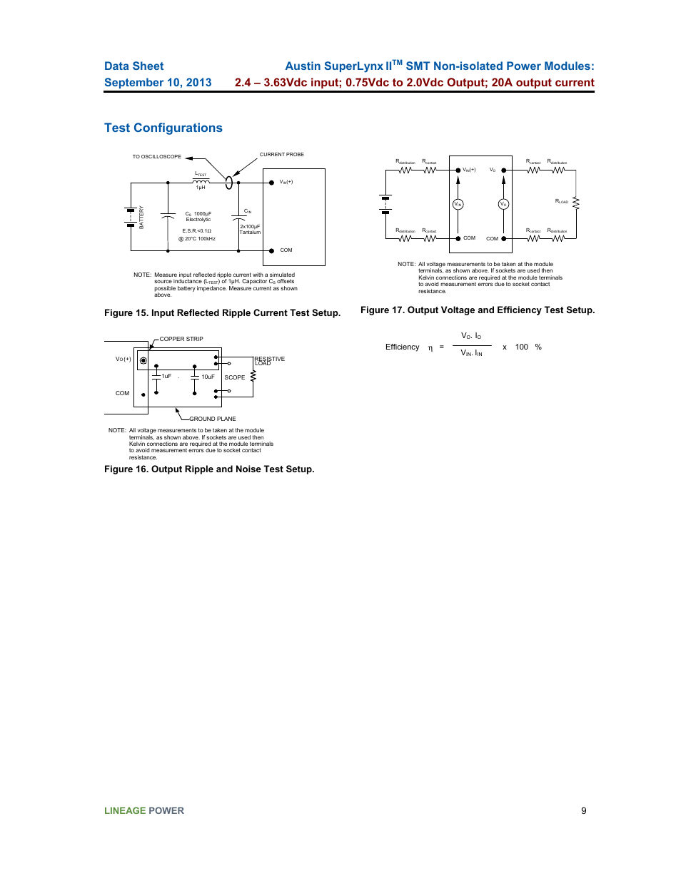 Test configurations, Austin superlynx ii, Lineage power 9 | Figure 16. output ripple and noise test setup | GE Industrial Solutions ATM020A0X3-SR User Manual | Page 9 / 21