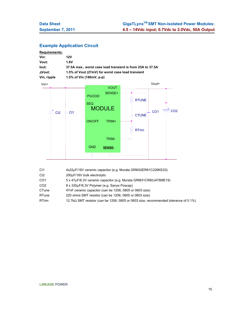 Module, Example application circuit | GE Industrial Solutions GigaTLynx User Manual | Page 15 / 21