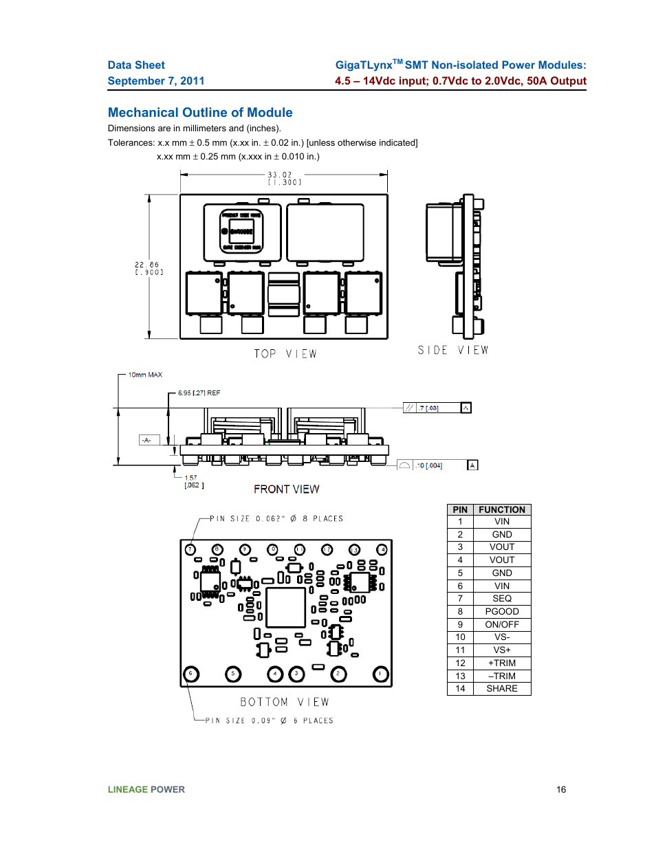 Mechanical outline of module | GE Industrial Solutions GigaTLynx User Manual | Page 16 / 21