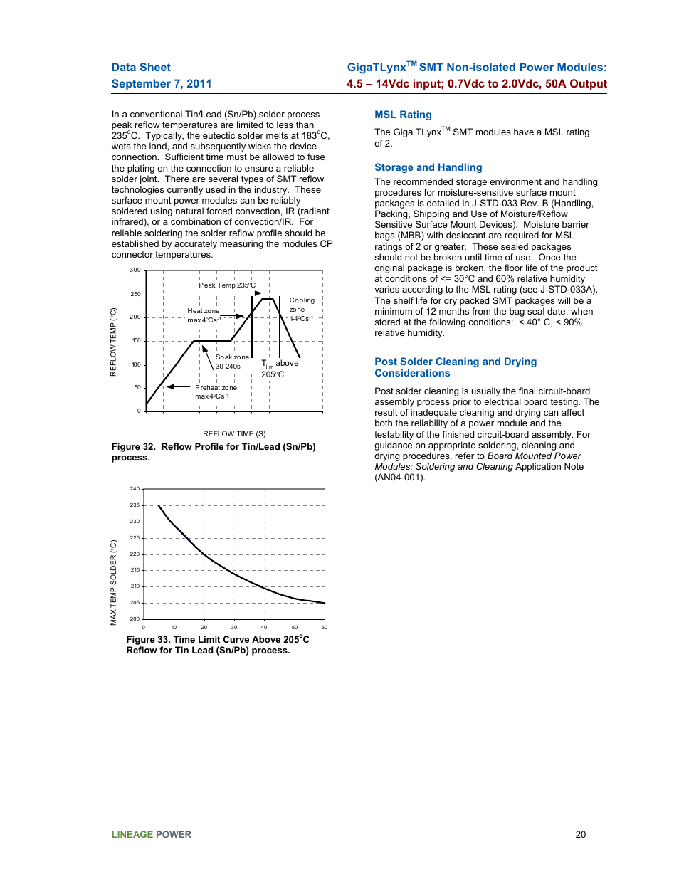 Gigatlynx, Msl rating, Storage and handling | Post solder cleaning and drying considerations | GE Industrial Solutions GigaTLynx User Manual | Page 20 / 21