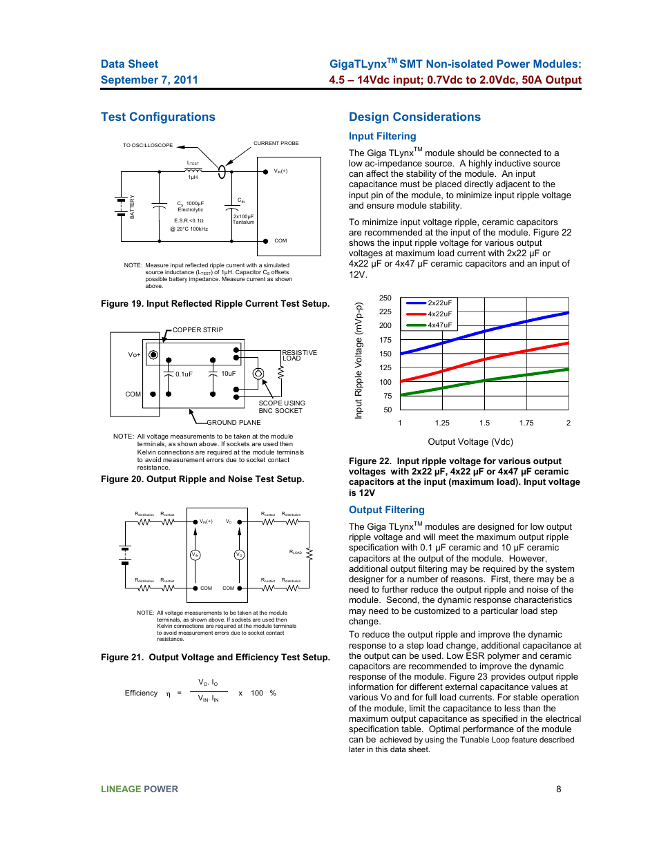 Test configurations, Design considerations, Gigatlynx | Input filtering, Output filtering, Lineage power 8, Figure 20. output ripple and noise test setup, The giga tlynx | GE Industrial Solutions GigaTLynx User Manual | Page 8 / 21