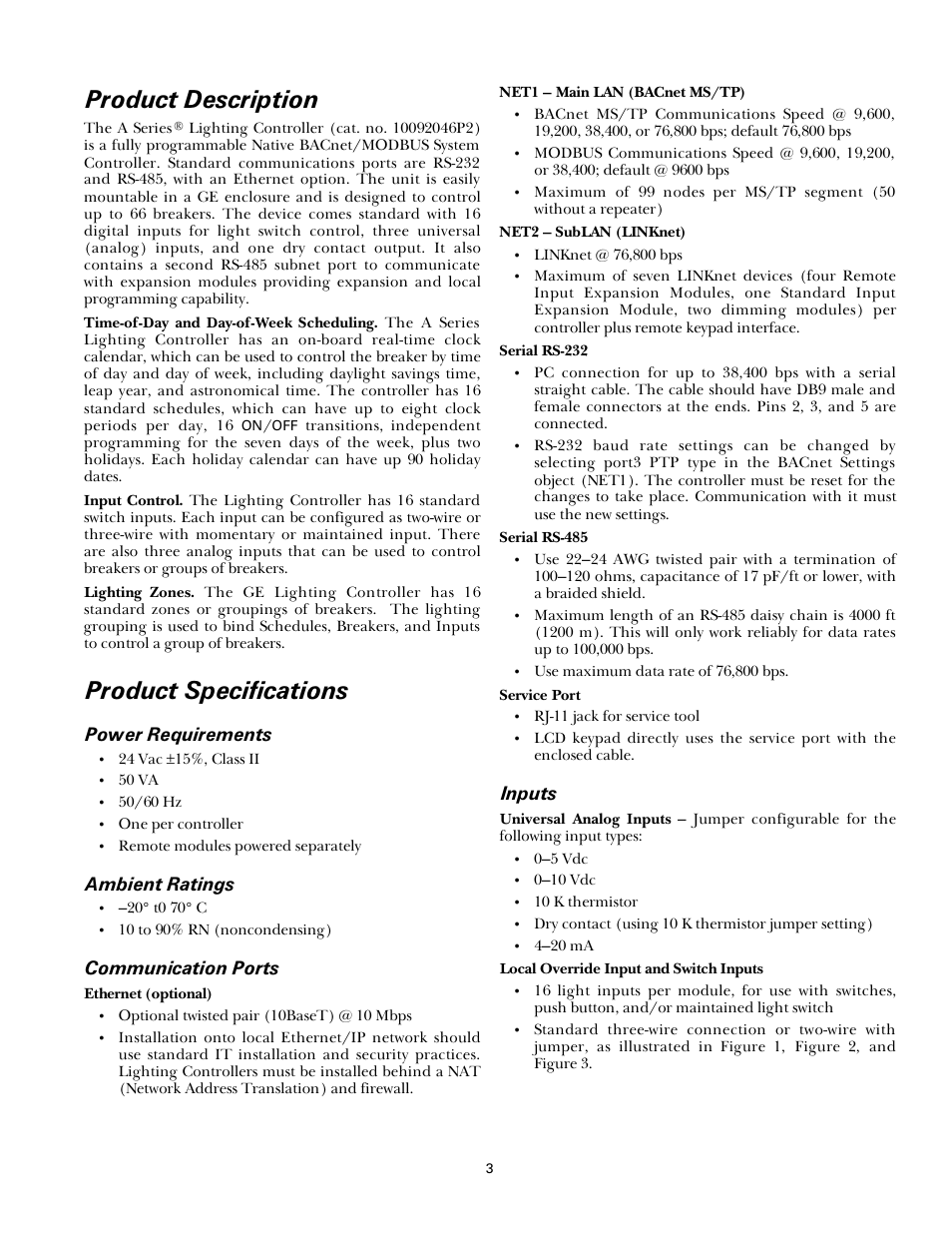 Product description, Product specifications | GE Industrial Solutions A Series Lighting Control Panelboards nstallation and Wiring User Manual | Page 3 / 12