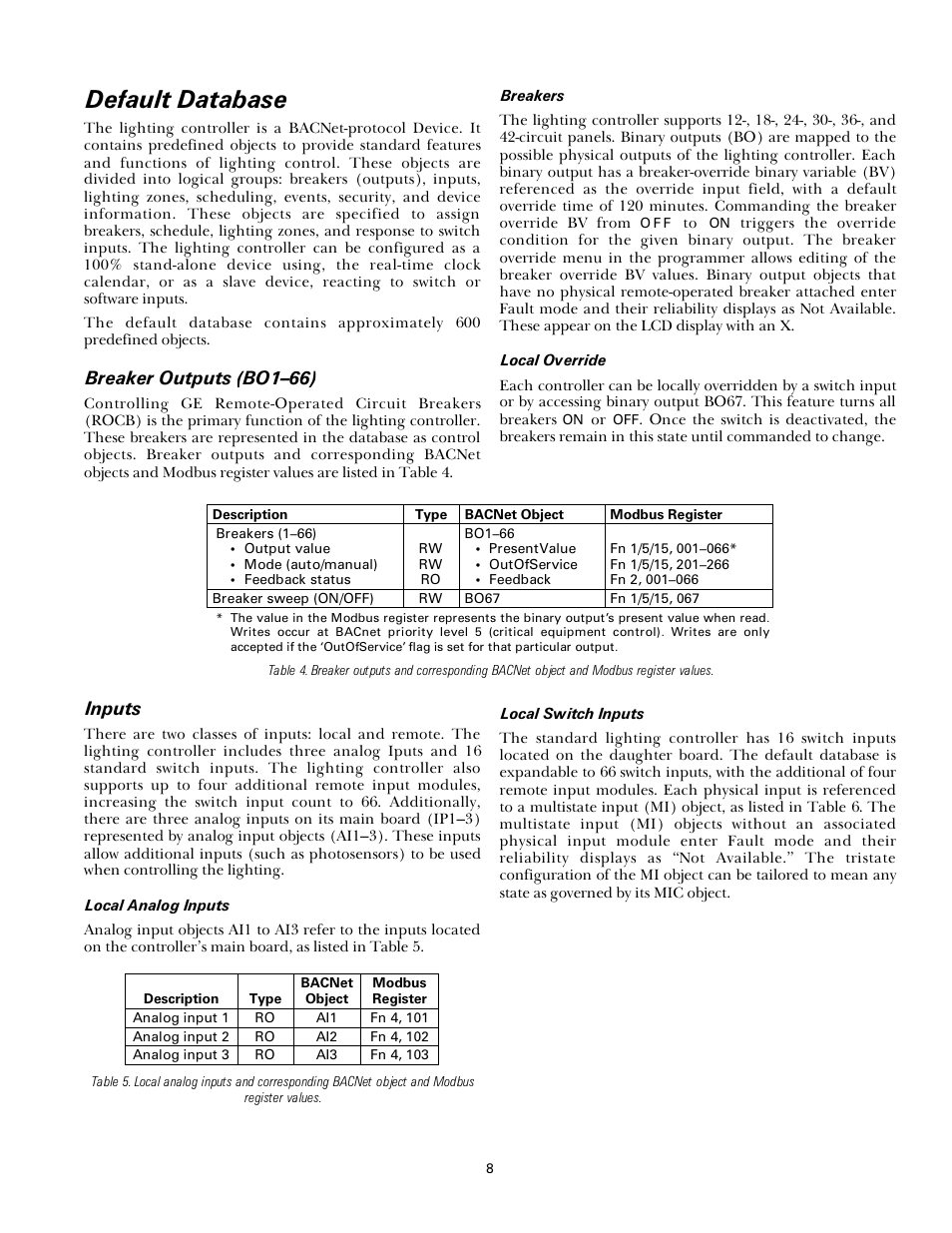 Default database, Breaker outputs (bo1–66), Inputs | GE Industrial Solutions A Series Lighting Control Panelboards nstallation and Wiring User Manual | Page 8 / 12
