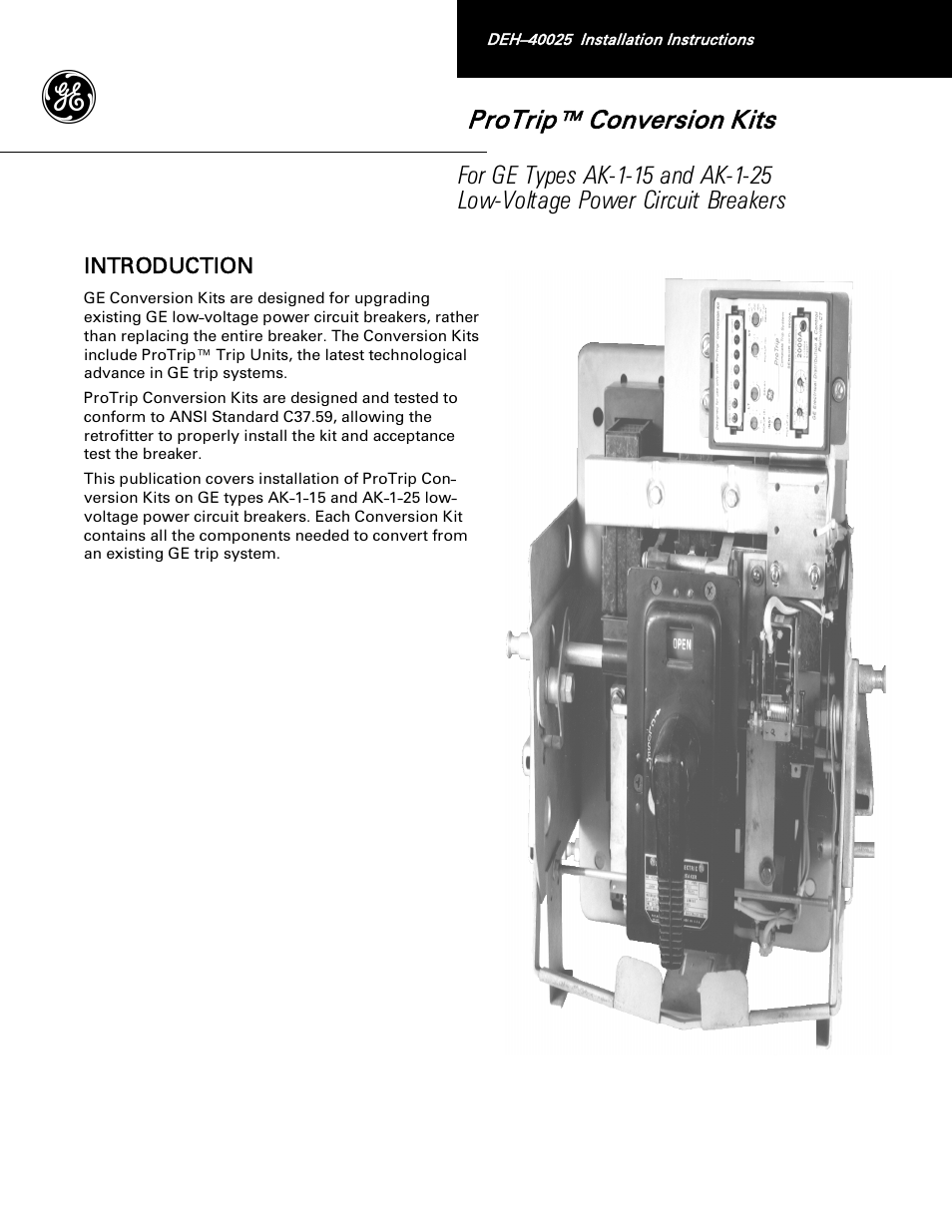 GE Industrial Solutions ProTrip Conversion Kits AK-1-15 and AK-1-25 User Manual | 16 pages