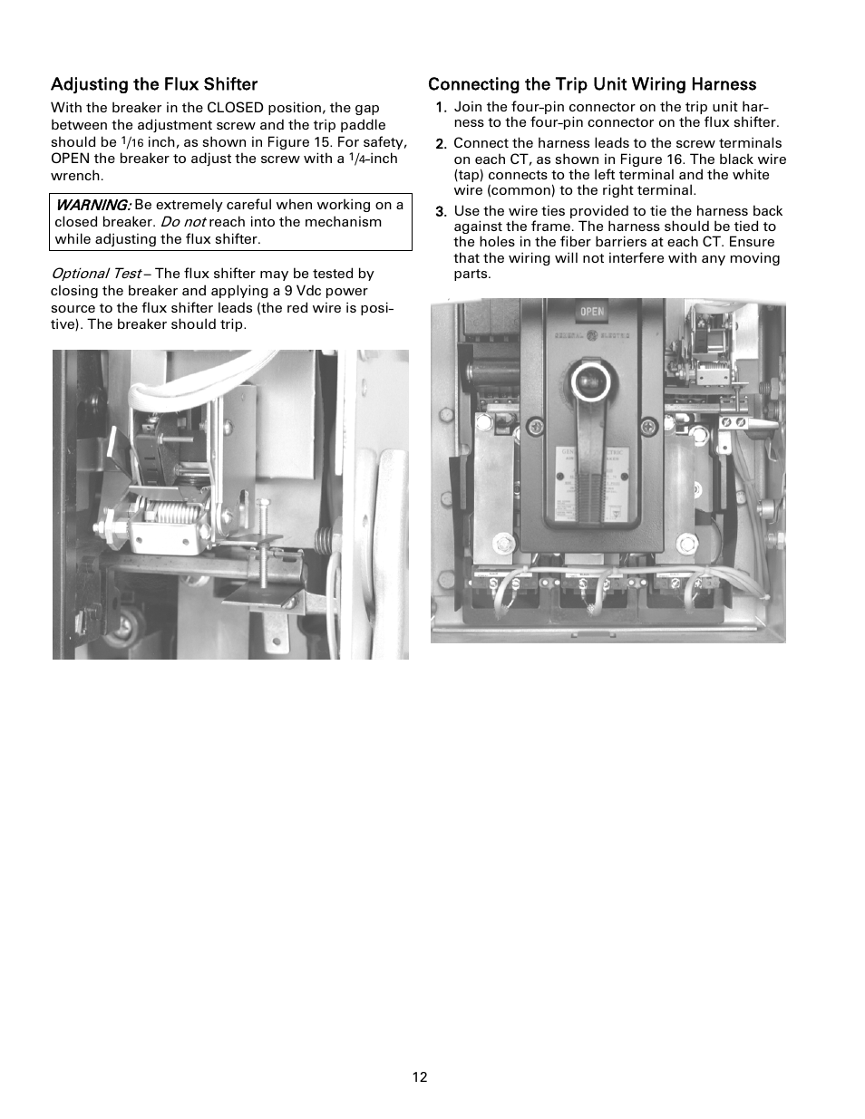 Flux, Shifter adjustment, Wiring | Harness installation | GE Industrial Solutions ProTrip Conversion Kits AK-1-15 and AK-1-25 User Manual | Page 11 / 16