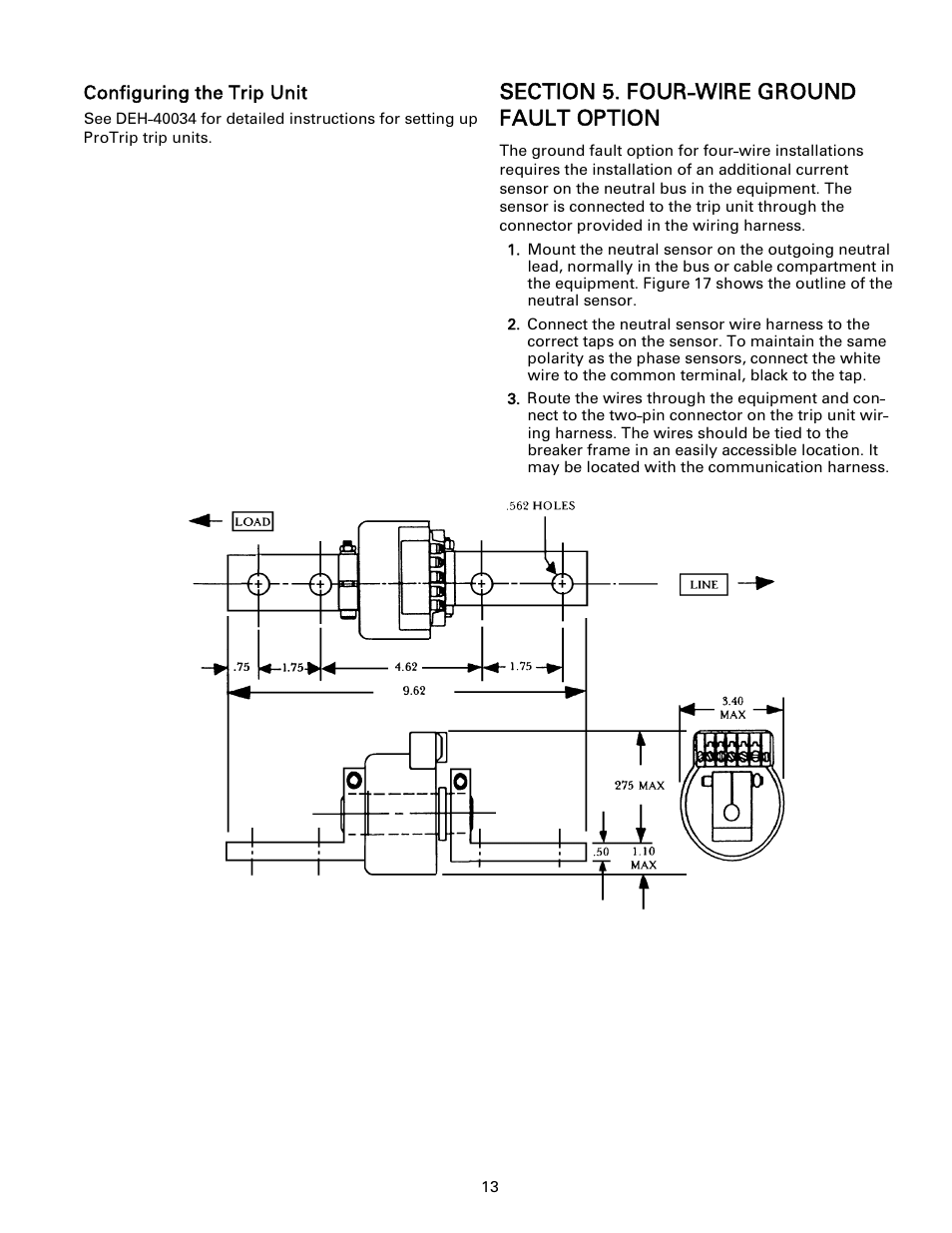 Configuring the trip unit, Section 5. four-wire ground fault option, Neutral | Sensor outline | GE Industrial Solutions ProTrip Conversion Kits AK-1-15 and AK-1-25 User Manual | Page 12 / 16