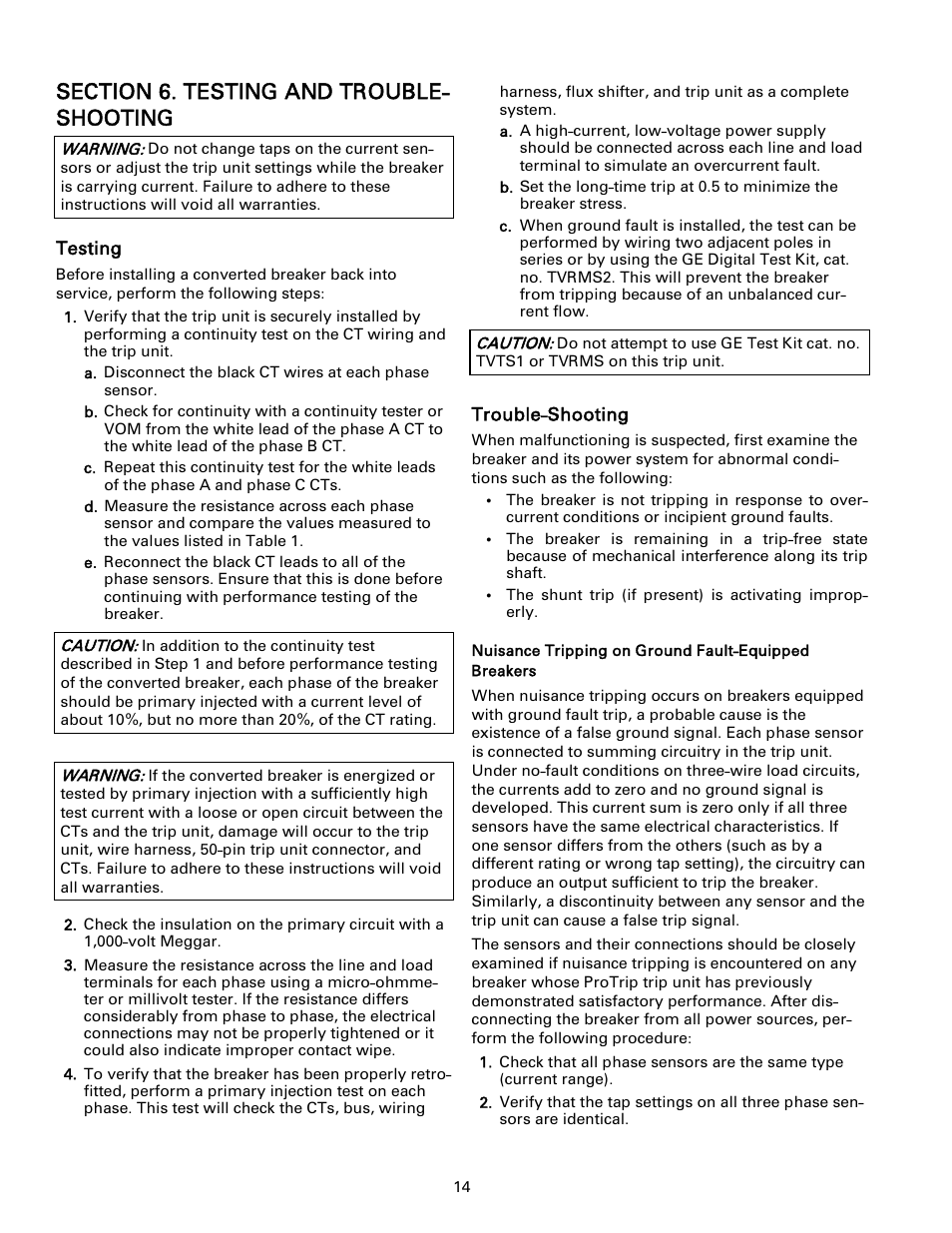 Testing trouble-shooting | GE Industrial Solutions ProTrip Conversion Kits AK-1-15 and AK-1-25 User Manual | Page 13 / 16