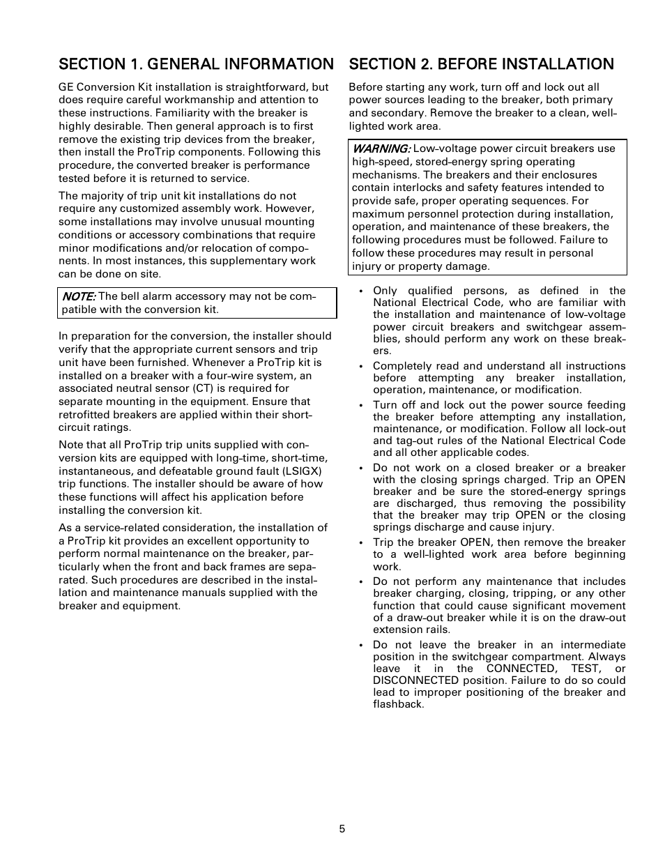 Section 1. general information, Section 2. before installation | GE Industrial Solutions ProTrip Conversion Kits AK-1-15 and AK-1-25 User Manual | Page 4 / 16
