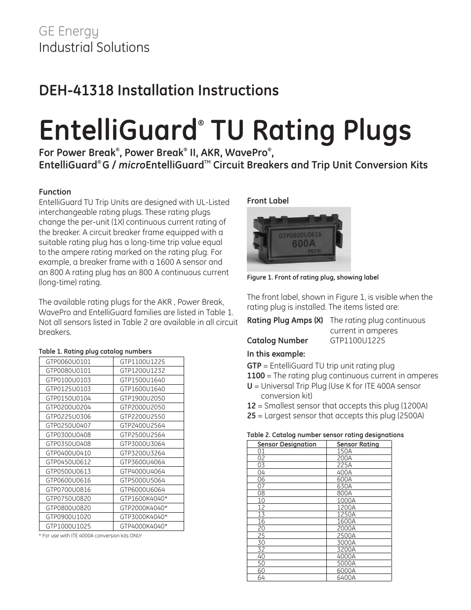 GE Industrial Solutions EntelliGuard TU Rating Plugs User Manual | 2 pages