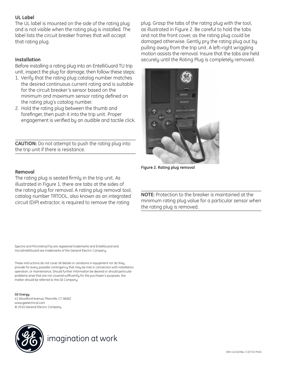 Imagination at work | GE Industrial Solutions EntelliGuard TU Rating Plugs User Manual | Page 2 / 2
